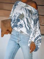 Abstract Long Sleeve Cold Shoulder Casual Tops