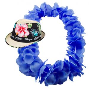 Hawaii thema party verkleedset - Trilby strohoedje - bloemenkrans knal blauw - Tropical toppers