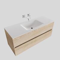 Badkamermeubel Hugo Hangend 120x50x45cm MDF Wood Washed Oak Solid Surface Wastafel Geen Kraangaten Midden met 2 Lades