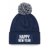 Happy New Year muts met pompon unisex - one size - navy One size  - - thumbnail