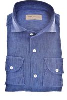 John Miller Slim Fit Linnen Overhemd donkerblauw, Effen - thumbnail