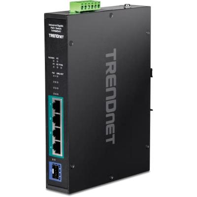 TRENDnet TI-PGM541 Gigabit PoE+ Switch 5 poorten, extreme temperatuurbereik -20° - 65°C (-4° - 149°F), DIN-rail, 50-55 Vdc, 4 Gigabit PoE+ poorten, 1 Gigabit SFP-sleuf