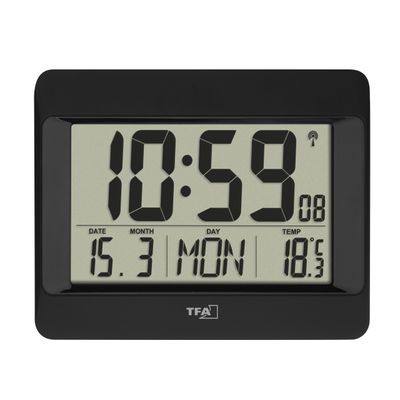 TFA Dostmann 60.4519.01 Wandklok Zendergestuurd 215 mm x 26 mm x 160 mm Zwart Groot display