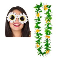 Tropische Hawaii party verkleed accessoires set - bloemen zonnebril - en bloemenkrans groen/wit