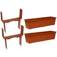 Set van 3 kunststof plantenbakken terracotta rechthoekig 60 cm met 6 verstelbare balkon/muurbeugels - thumbnail