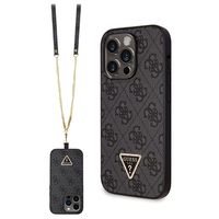 iPhone 15 Pro Max Guess 4G Strass Triangle Metal Logo Case with Crossbody Strap - Black - thumbnail