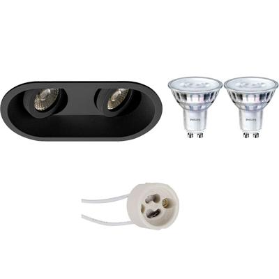 LED Spot Set - Pragmi Zano Pro - GU10 Fitting - Inbouw Ovaal Dubbel - Mat Zwart - Kantelbaar - 185x93mm - Philips - SceneSwitch 827 36D - 1.5W-5W - Warm Wit 2200K-2700K - Dimbaar
