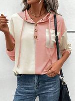 Loose Color Block Buckle Casual Hoodie Sweatshirt