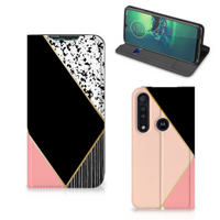 Motorola G8 Plus Stand Case Zwart Roze Vormen - thumbnail