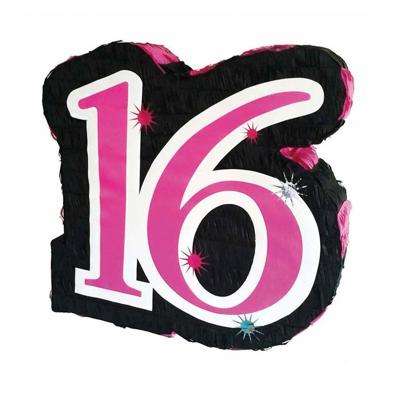 Pinata voor Sweet 16 - papier - 45 x 45 cm - zwart/roze - verjaardag feestartikelen - sixteen Pinata voor Sweet 16 - papier - 45 x 45 cm - zwart/roze - verjaardag feestartikelen - sixteen