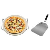 Keramische pizzasteen rond 33 cm met handvaten en inklapbare RVS pizzaschep 25 cm