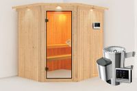 Karibu | Lilja Sauna met Dakkraag | Bronzeglas Deur | Kachel 3,6 kW Externe Bediening - thumbnail