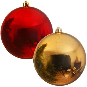 Kerstversieringen set van 6x grote kunststof kerstballen rood en goud 14 cm glans