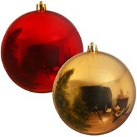 Kerstversieringen set van 6x grote kunststof kerstballen rood en goud 14 cm glans - thumbnail