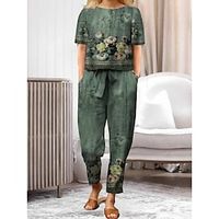 Dames Loungewear Sets 2-delig Abstract Bloem Casual Comfortabel Huis Straat Dagelijks Katoenmix Ademend Opstaand Halve mouw Pullover Pantalon Zak Inclusief riem Zomer Lente Blauw en wit Zwart Lightinthebox
