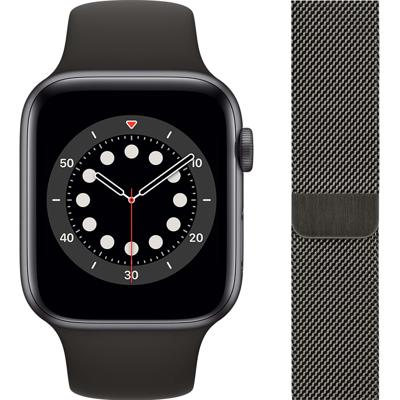 Apple Watch Series 6 44mm Space Gray Aluminium Zwarte Sportband + Milanees Grafiet Apple Watch Series 6 44mm Space Gray Aluminium Zwarte Sportband + Milanees Grafiet