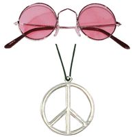 Hippie Flower Power Sixties verkleed set ketting met roze party bril - thumbnail