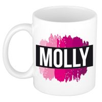 Naam cadeau mok / beker Molly met roze verfstrepen 300 ml