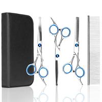 Nobleza Hondenschaar, set van 4 professionele hondentrimschaar, rond opzetstuk, schaar om uit te wissen/rechts/gebogen en kam, doe-het-zelf schaar voor hondenverzorging