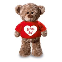 Pluche knuffel teddybeer 24 cm met liefste juf hartje t-shirt - thumbnail