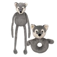 Pluche dieren setje wolf knuffel rammelaar 15 cm en fluffy knuffeldier 33 cm