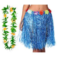 Hawaii verkleed hoela rokje en bloemenkrans - volwassenen - blauw - tropisch themafeest - hoela - thumbnail