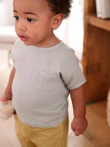 Babyshirt van twee materialen met korte mouwen blauwgroen