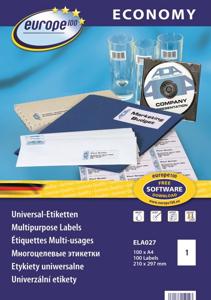 Europe 100 ELA027 Universele etiketten 210 x 297 mm Papier Wit 100 stuk(s) Permanent hechtend Inkjet, Laser (zwart/wit), Laser (kleur), Kopiëren (zwart/wit),