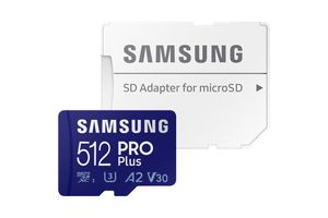 Samsung PRO Plus SDXC-kaart 512 GB Class 10 UHS-I, v30 Video Speed Class 4K-video-ondersteuning, A2-vermogensstandaard, Incl. USB-kaartlezer, Schokbestendig