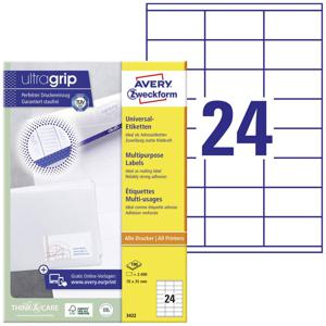 Avery-Zweckform 3422 Universele etiketten 70 x 35 mm Papier Wit 2400 stuk(s) Permanent hechtend Inkjet, Laser (zwart/wit), Laser (kleur), Kopiëren (zwart/wit),