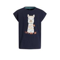 WE Fashion T-shirt met printopdruk en borduursels donkerblauw/wit/oranje