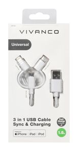 Vivanco USB-laadkabel USB 2.0 USB-A stekker, USB-C stekker, Apple Lightning stekker, USB-micro-B stekker 1.00 m Wit Stekker past op beide manieren, Met