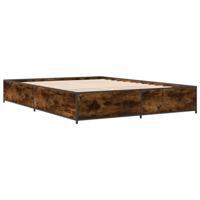 VidaXL Bedframe Bewerkt Hout Metaal Gerookt Eikenkleurig 135x190 cm, Twijfelaar Bed, Bedbodem, Slaapkamermeubel, 2 Persoonsbed