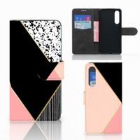 Huawei P30 Book Case Zwart Roze Vormen - thumbnail