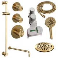 Regendoucheset Inbouw Brauer Gold Carving Thermostatisch 20 cm met Gebogen Wandarm, Glijstang en Handdouche 3-Standen Losse Stopkranen Geborsteld Goud