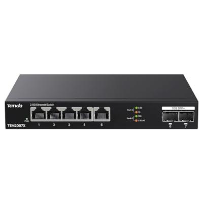 Tenda TEM2007X, 5-poorts 2,5G Ethernet-schakelaar, onbeheerde 2,5 Gb-switch met 5 x 2,5G-poorten en 2 x 10 Gb SFP+-sleuven, 50 Gbps schakelcapaciteit, Plug & Play, Desktop/wandmontage, ventilatorloos