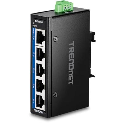 TRENDnet 5-poorts industriële gigabit DIN-rail mini-schakelaar, TI-GLC50, 5 x Gigabit-poorten, extreme temperatuur IP30-classificatie, 10 Gbps schakelcapaciteit, zwart