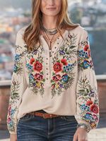 Casual Floral V Neck Long Sleeve Blouse - thumbnail