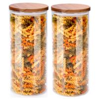 Voorraadpot/bewaarpot Foodking - 2x - borosilicaat glas - 1250 ml - glas/hout - luchtdicht - thumbnail