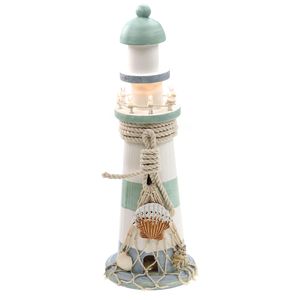 Vuurtoren beeldje met LED licht - Hout - 10 x 30 cm - wit/mintgroen - Maritieme woon decoraties