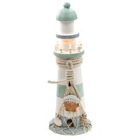 Vuurtoren beeldje met LED licht - Hout - 10 x 30 cm - wit/mintgroen - Maritieme woon decoraties   - - thumbnail