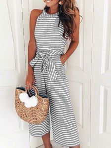 Striped Waist Belted Wide Leg Jumpsuit