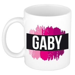 Gaby naam / voornaam kado beker / mok roze verfstrepen - Gepersonaliseerde mok met naam