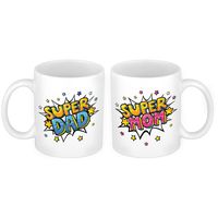 Super Dad mok en Mom pop art mok - Cadeau beker set voor Papa en Mama - thumbnail