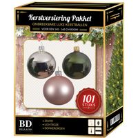 101 stuks Kerstballen mix zilver-roze-groen voor 150 cm boom - thumbnail