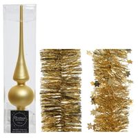 Kerstversiering glazen piek mat 26 cm en folieslingers pakket goud van 3x stuks