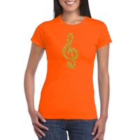 Gouden muzieknoot G-sleutel / muziek feest t-shirt / kleding oranje dames - thumbnail