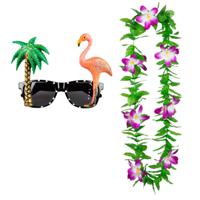 Tropische Hawaii party verkleed accessoires set - Funny zonnebril - en bloemenkrans groen/paars