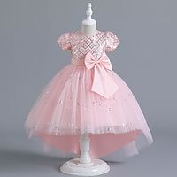 Kinderen Voor meisjes Jurk Feestjurk Effen Kleur Lovertje Ruitjes Korte mouw Bruiloft Verjaardag Pailletten Tie Knoop Prinses Mooi Polyester Midi Feestjurk Tule-jurk Zomer Lente Herfst 3-12 jaar Lightinthebox