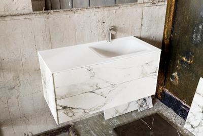 Zaro Kivi badkamermeubel met marmer tegels 100cm solid surface wastafel rechts 2 lades 1 kraangat Zaro Kivi badkamermeubel met marmer tegels 100cm solid surface wastafel rechts 2 lades 1 kraangat